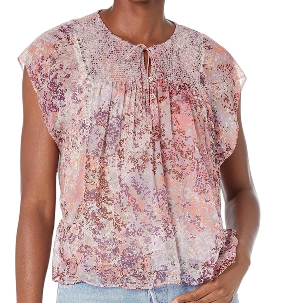 NWT JOIE Thana Short Sleeve Silk Printed Tie Front Lined Top Size Medium